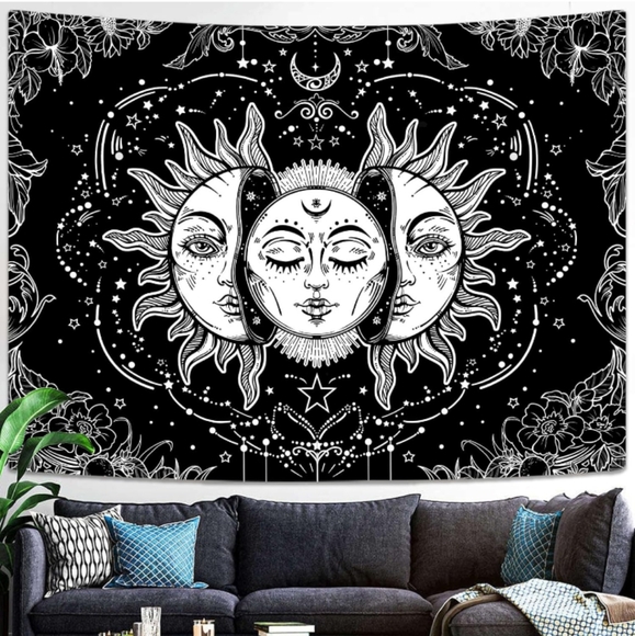 XL Black and White Sun Moon Hippie Celestial Bohemian Wall Tapestry - Picture 1 of 9